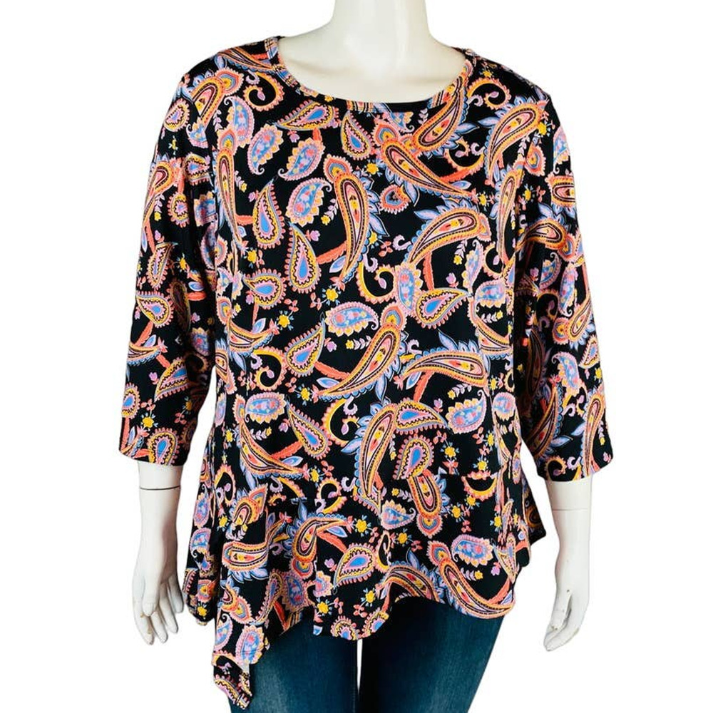 Zac & Rachel Womans Sz 2X Blouse Black Paisley 3/4 Sleeve Asymmetrical